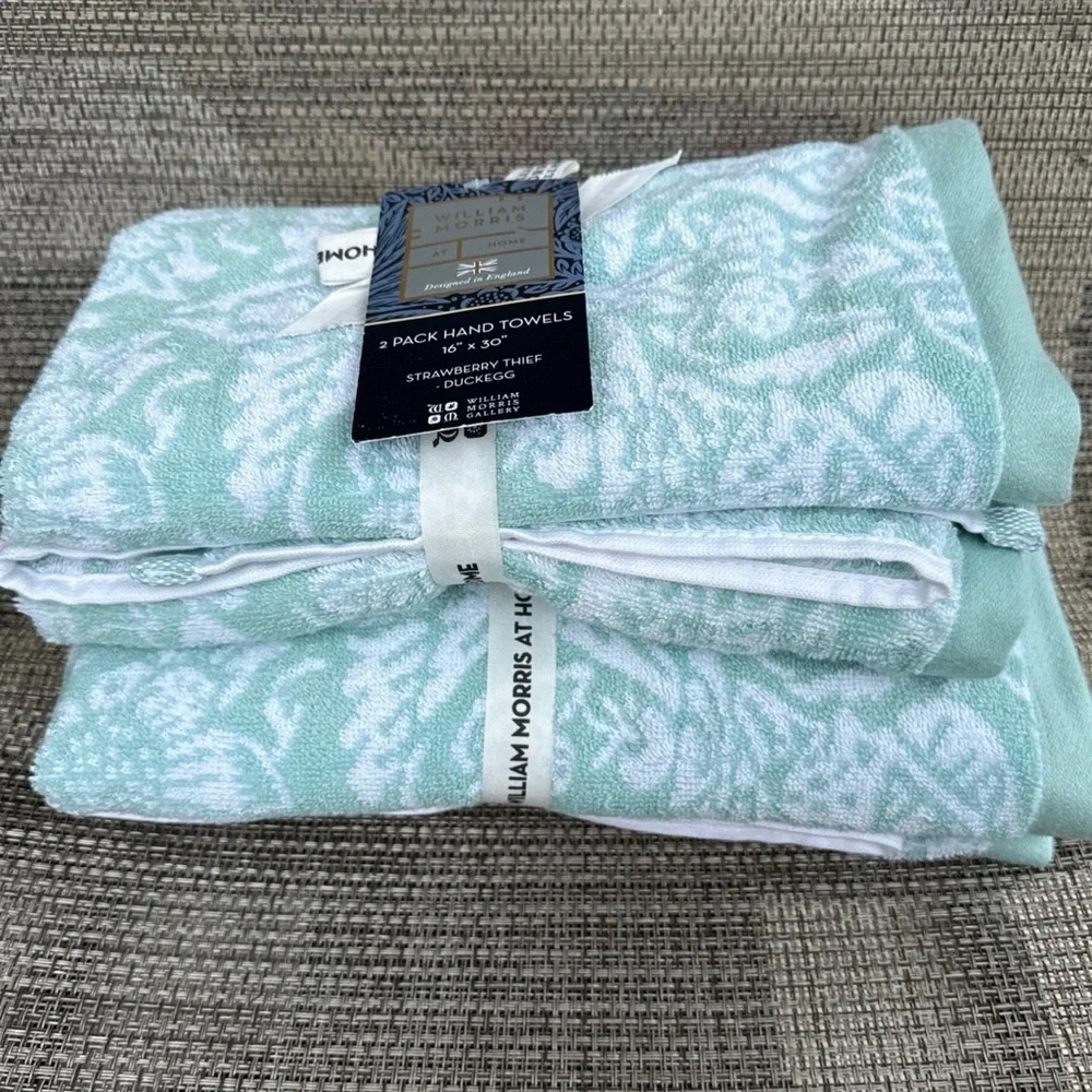 William Morris STRAWBERRY THIEF Duckegg Teal Floral Cotton Hand Towel Set 4pc